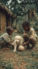 children playing with puppy