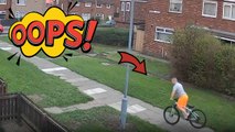 Little boy pulls brake quickly and flies headfirst over the handlebars