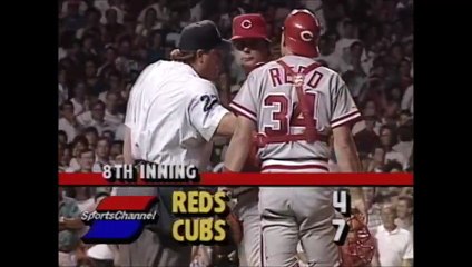 Rob Dibble (CIN) fields Doug Dascenzo's squeeze hit and his throws the ball at him, gets ejected (7/23/91)