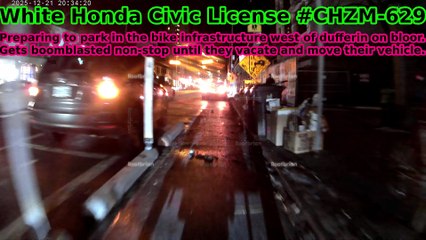 White Honda Civic License CHZM-629 Parking illegally in bloor street bike lane gets boomblasted non-stop!