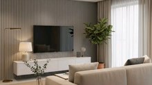 *Modern minimalist living room vibes!* 🌿✨‎‎This sleek space blends neutral elegance with cozy accents: taupe fluted wall panels set the backdrop for a crisp white TV console,‎‎🔥 modern home decor collections bedroom, study room🏡