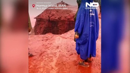 Heavy rain turns Iran’s Hormuz Island beach deep red