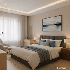 🌙✨ Step into this serene modern bedroom where calm meets style! 🛏️💤 The space features a plush gray upholstered bed with crisp white linens, accented by teal & checkered pillows and a cozy gray throw. Soft lighting from sleek lamps creates ✨🏡