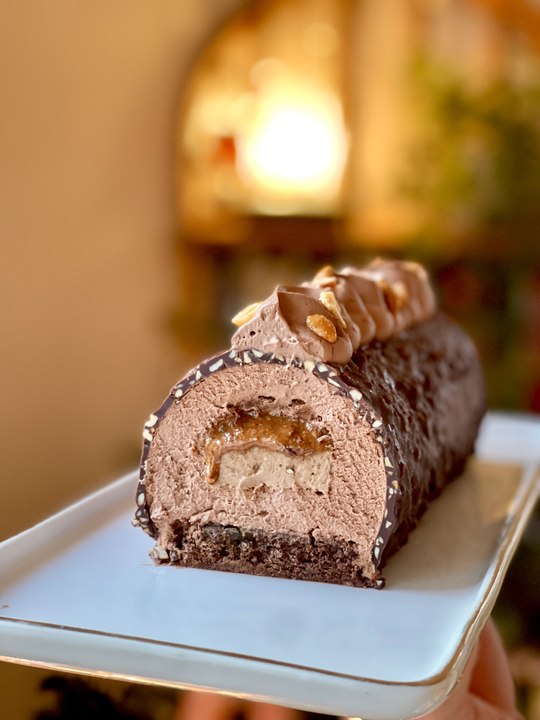 Bûche de Noël Chocolat et Praliné Noisette | Recette Bûche de Noël Gianduja, Coque Rocher Ferrero