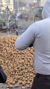 Farmers launch potatoes at police during fiery protests in Brussels