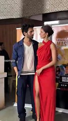 kartik aaryan and ananya panday pose for the cams as they promote their movie on the sets of kapil sharma show in film city