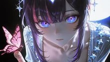 The girl with glowing purple eyes watches as the pink butterfly