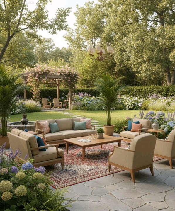 🌿✨ Elegant outdoor lounge in a lush garden oasis! Beige sofa set with colorful cushions sits on a patterned rug, surrounded by palm plants & blooming flowers. Stone patio leads to a pergola with pink vines & Adirondack chairs. Perfect #LuxuryOutdoors 🚀