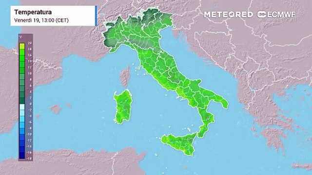 Mappa relativa alle temperature previste nei prossimi giorni