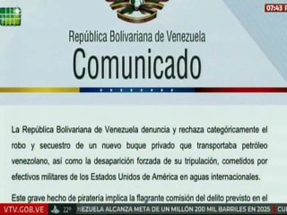 Venezuela denuncia robo y secuestro de un nuevo buque que transportaba petróleo venezolano