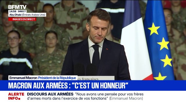 Une pensée pour vos frères d'armes, morts cette année [...] et aux blessés aux corps meurtris , déclare Emmanuel Macron lors de son discours aux armées