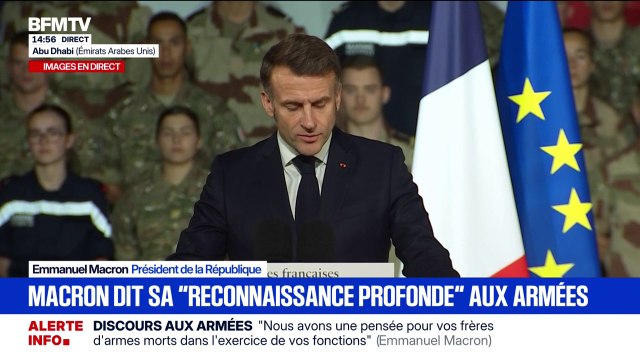 Emmanuel Macron dit sa reconnaissance aux armées, lors de son discours aux Émirats arabes unis