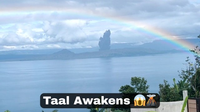 Majestic rainbow appears over erupting Taal Volcano before vanishing into rising smoke