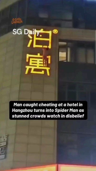 Homem de cueca fica pendurado em letreiro luminoso após ser flagrado traindo na China