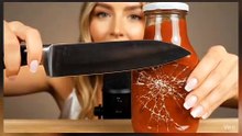Beautiful girl cutting & eating glass with ketchup🤤☺️🤤