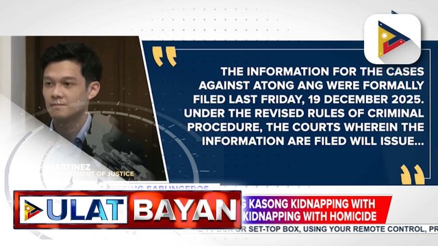 Atong Ang at 21 iba pa, pormal nang kinasuhan ng kidnapping with illegal detention at kidnapping with homicide kaugnay ng pagkawala ng mga sabungero | ulat ni Louisa Erispe