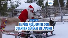Le Père Noël sur son traîneau high-tech prend son envol depuis la Laponie