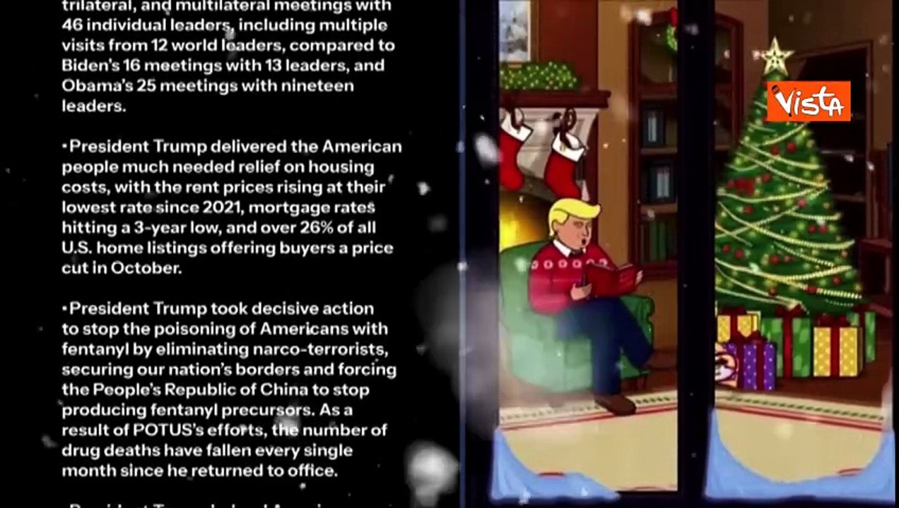 Trump cartoon legge sotto l'Albero, musica di Natale e traguardi Maga, gli auguri della Casa Bianca
