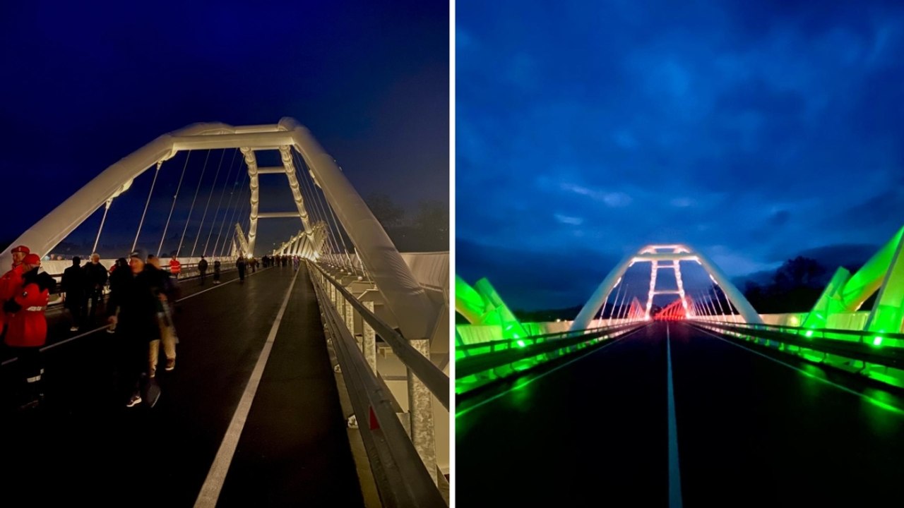Lucca, inaugurato il nuovo ponte sul fiume Serchio: il video dell'accensione