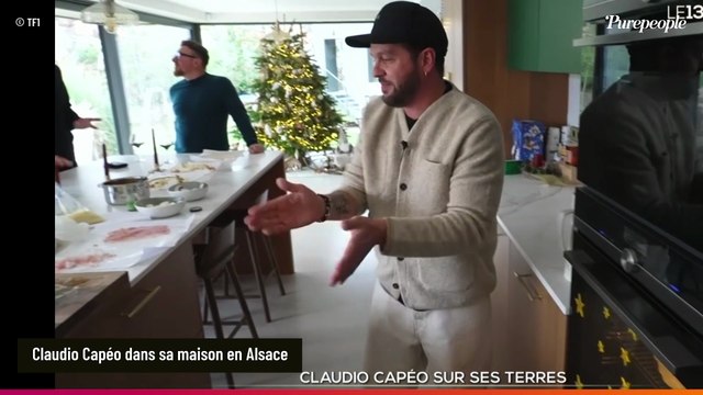 Claudio Capéo ouvre les portes de sa maison dans un petit village d'Alsace : belle cuisine familiale avec un grand îlot central et studio de musique