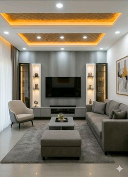 🔥 Modern luxury living room vibes! 🛋️✨ This sleek, grey‑toned lounge features a stylish TV wall with fluted paneling, amber‑lit recessed ceiling, and built‑in shelving that pops with warm LED accents. #ModernHome #LuxuryDecor #HomeStaging