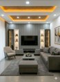 🔥 Modern luxury living room vibes! 🛋️✨ This sleek, grey‑toned lounge features a stylish TV wall with fluted paneling, amber‑lit recessed ceiling, and built‑in shelving that pops with warm LED accents. #ModernHome #LuxuryDecor #HomeStaging