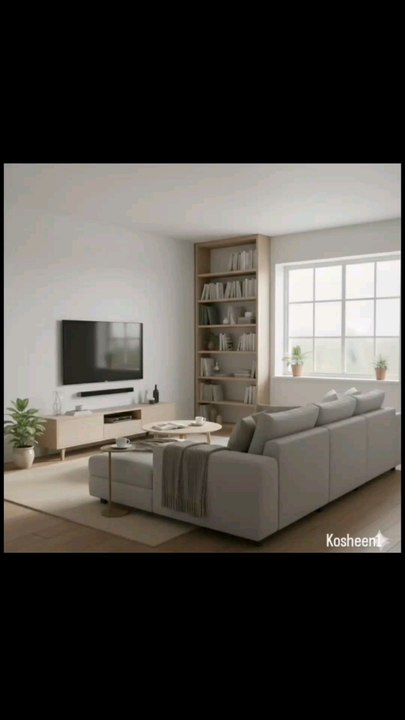 🛋️✨ Modern minimalist lounge, light wood, gray sofa, bookshelf, TV setup, plants, neutral vibe #HomeDecor #InteriorDesign #ScandinavianStyle #CozyLiving 📸