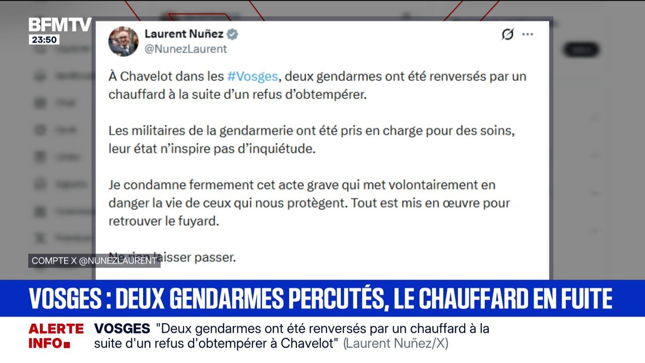 Vosges: deux gendarmes ont été renversés par un chauffard à la suite d'un refus d'obtempérer