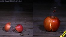 Firecracker apple split slow motion