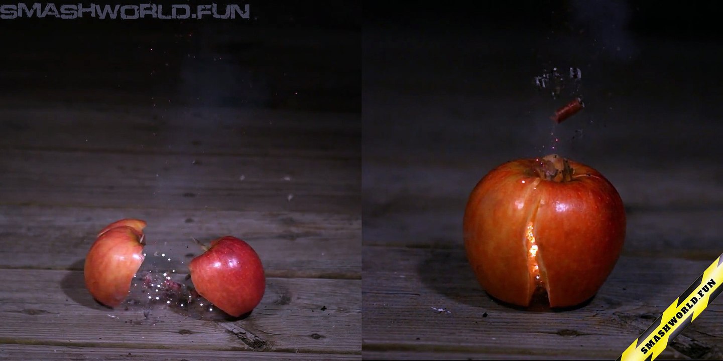 Firecracker apple split slow motion