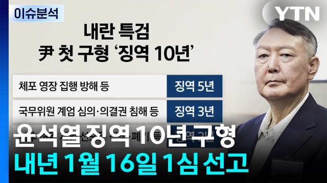 [이슈ON] 특검, 윤 '체포 방해' 혐의 징역 10년 구형...다음 달 계엄 첫 선고 나온다 / YTN