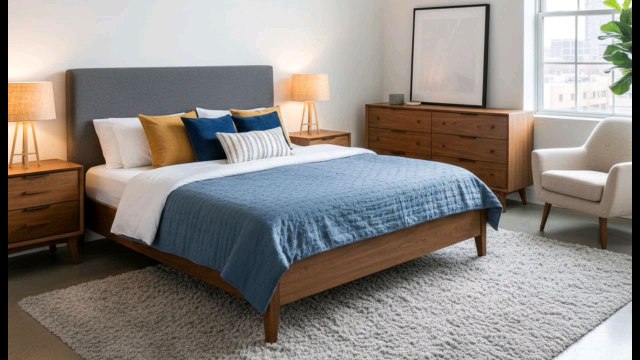 🔹 *Bedroom inspo alert!* This modern minimalist space blends warm wood tones with a sleek gray upholstered headboard, crisp white linens, and vibrant mustard & blue pillows for that cozy vibe. The blue quilt adds a pop of color, while twin lamps