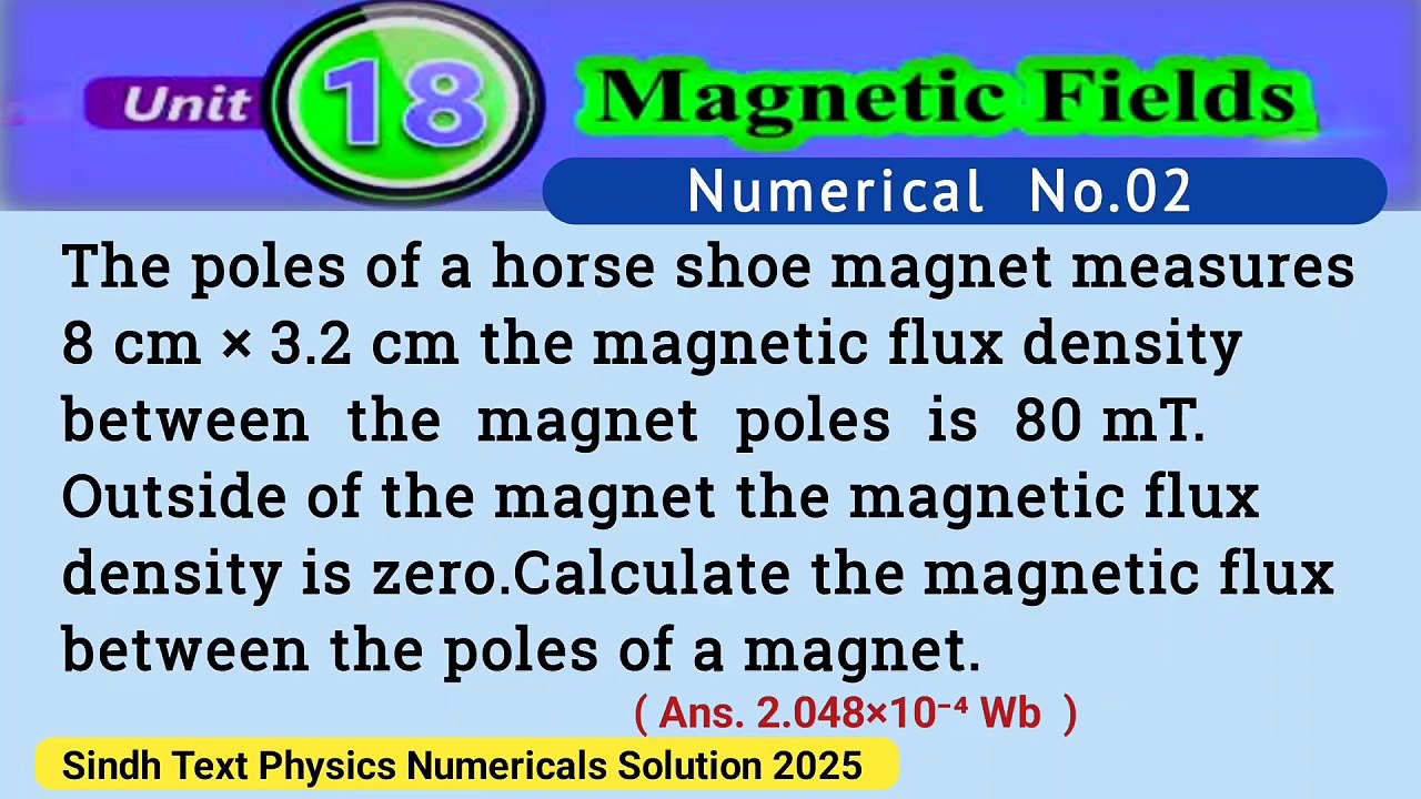 The poles of a horse shoe magnet measures 8cm × 3.2cm the magnetic flux density between the magnet poles is 80mT.Outside of the magnet the magnetic flux density is zero.Calculate the magnetic flux between the poles of a magnet.