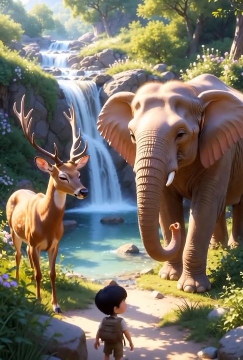 A little deer and a baby elephant prove that true friendship does not depend on age or size.