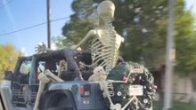 Halloween spirit on full display as huge skeleton enjoys a ride in the back of a Jeep