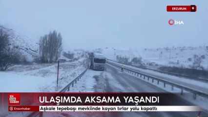 Erzurum'da aşkale tepebaşı mevkiinde kayan tırlar yolu kapattı