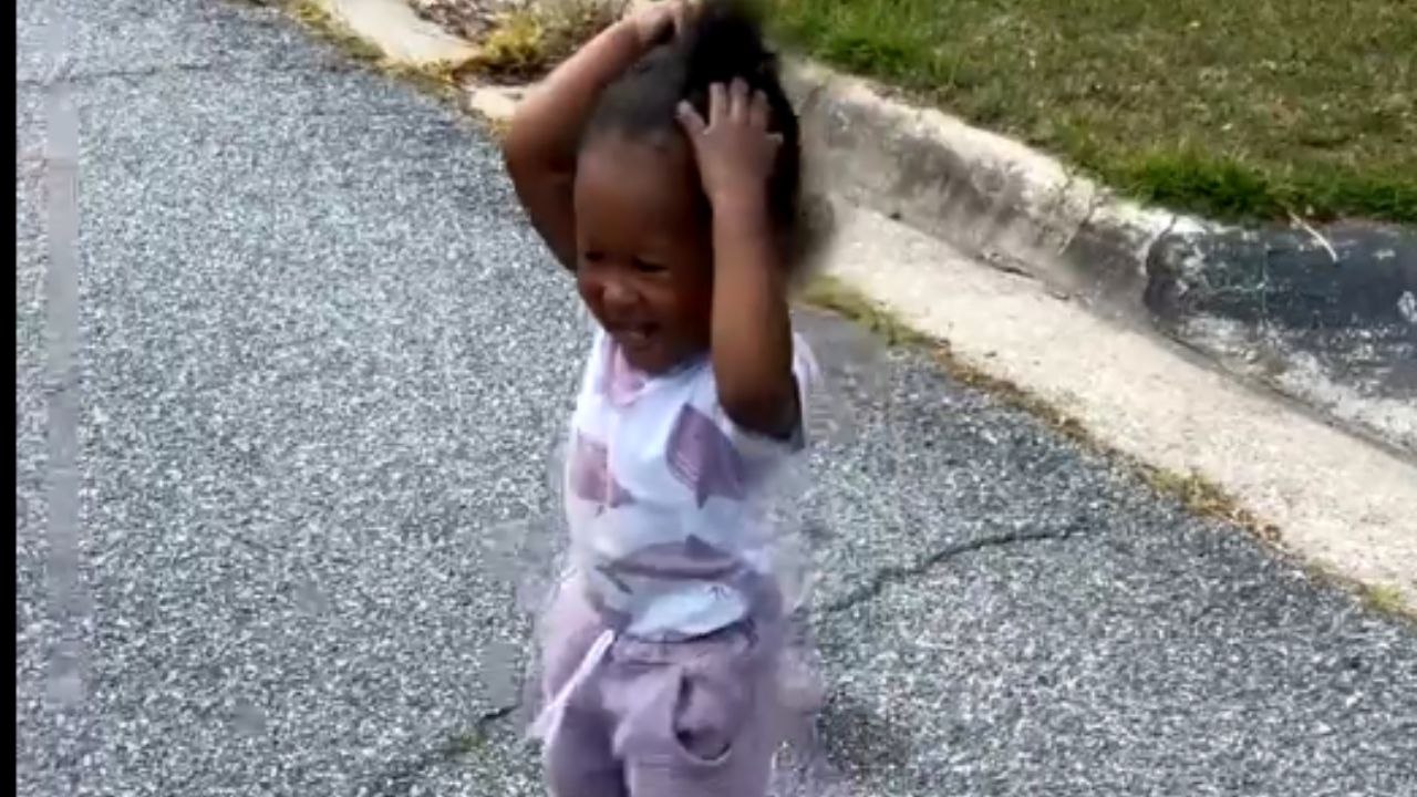 Adorable toddler tries to throw a stick and ends up hitting her head
