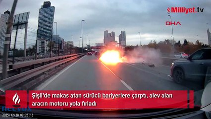 Şişli’de makas atan sürücü bariyerlere çarptı; alev alan aracın motoru yola fırladı
