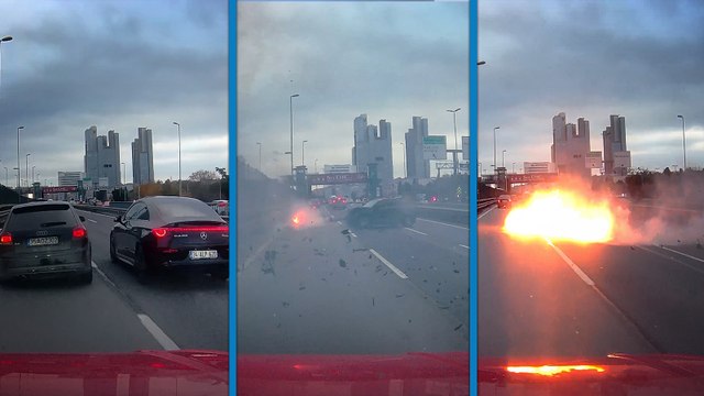 İstanbul’da makas atan sürücü bariyerlere çarptı; alev alan aracın motoru yola fırladı