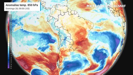 Pronóstico de Anomalías de temperatura a 850 hPa: domingo 28 de diciembre.