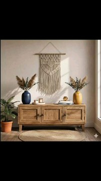 🔸 *Styling a cozy minimalist lounge with boho vibes!* 🛋️✨This setup features a rustic wooden console with three drawers, styled with a blue vase & a mustard yellow vase filled with pampas & eucalyptus, two scented candles on a tray, #HomeDecor