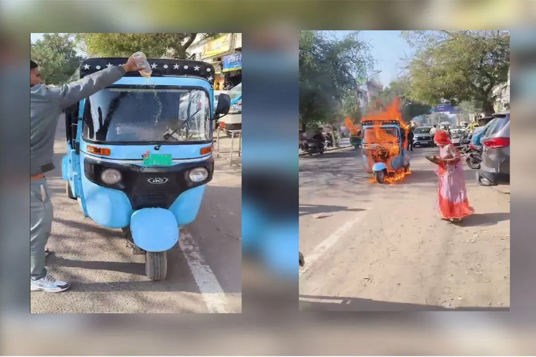 जोधपुर में शोरूम के बाहर ई-रिक्शा चालक ने अपनी ही गाड़ी में लगाई आग, बनाया लाइव वीडियो