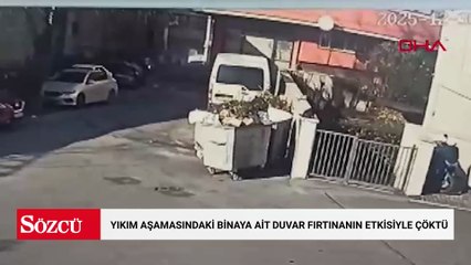 Eyüpsultan'da yıkım aşamasındaki binaya ait duvar fırtınanın etkisiyle çöktü