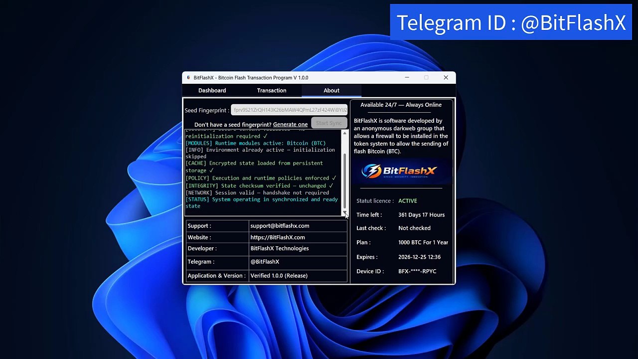 Flash Bitcoin (BTC) Transaction With BitFlashX V1.0.0 (Release) / 1000 BTC for 1 Year renewable 2026