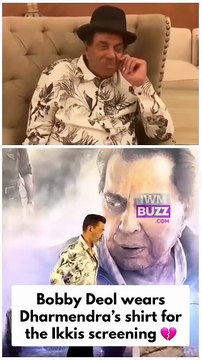 A touching moment as Bobby Deol wears Dharmendra’s shirt for the Ikkis screening