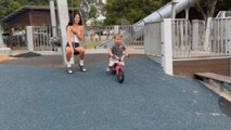 Little boy meets a fall on his new balance bike but conquers the fear quickly