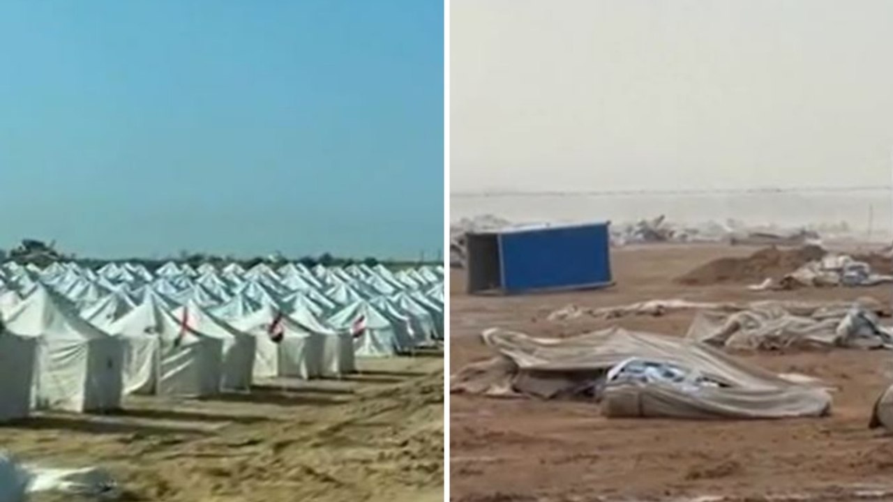 Le tende del campo profughi di Netzarim a Gaza prima e dopo il maltempo