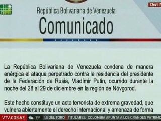 Venezuela condena ataque perpetrado contra la residencia del presidente de Rusia Vladímir Putin