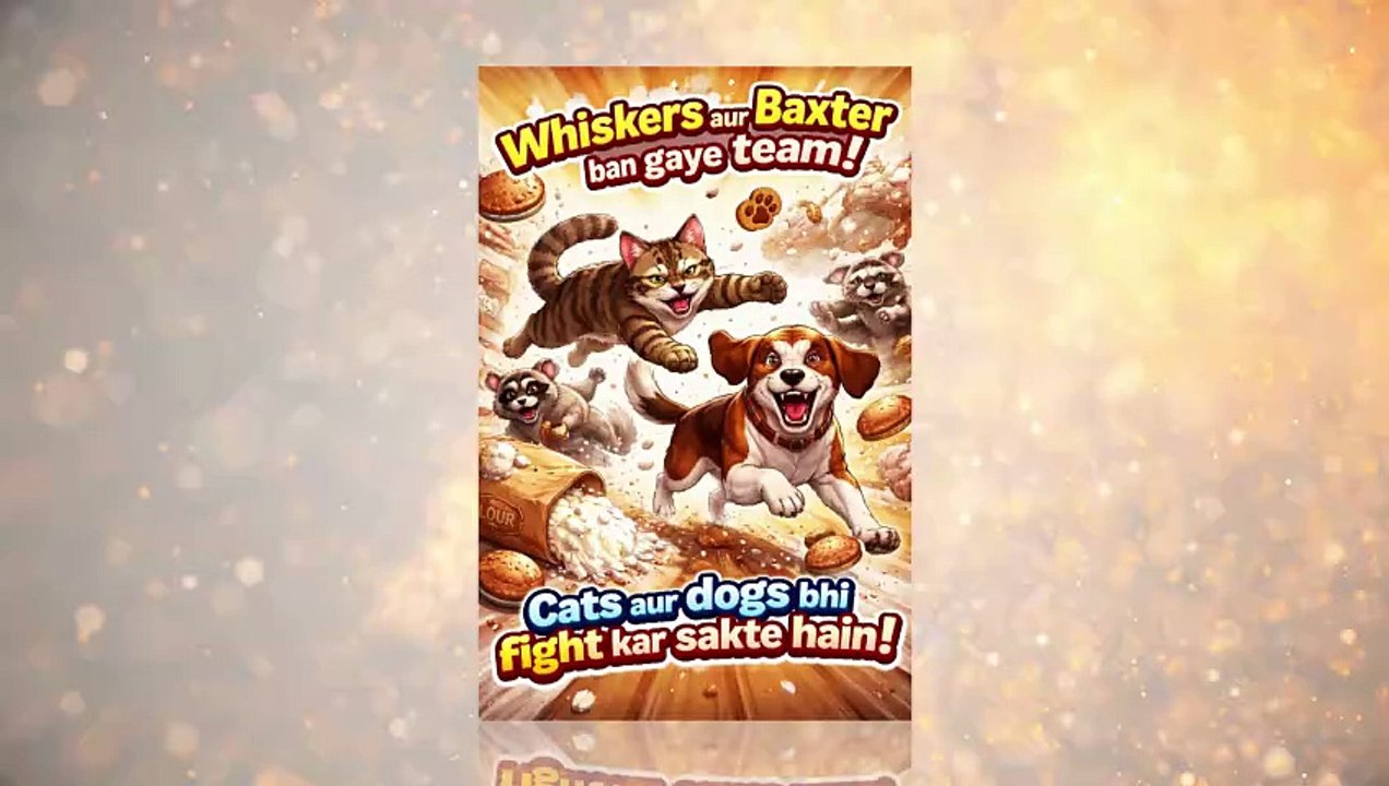 Whiskers cat aur Baxter dog ban gaye team! Raccoons ne bakery pe attack kar diya—full chaos! Whiskers ne tail swipe ki, speed full on. Baxter ne zor se bark kiya, raccoons ko dhakka diya. Pies ud gaye, flour hawa m
