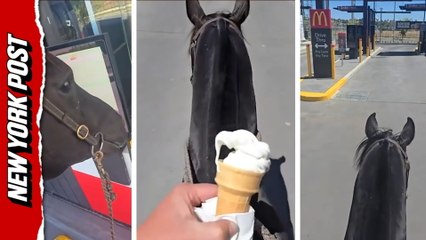 Woman rides horse through McDonald's drive-thru